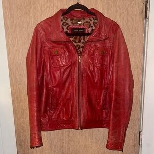 Black Rivet Red Leather Jacket with Leopard Lining/Size XL